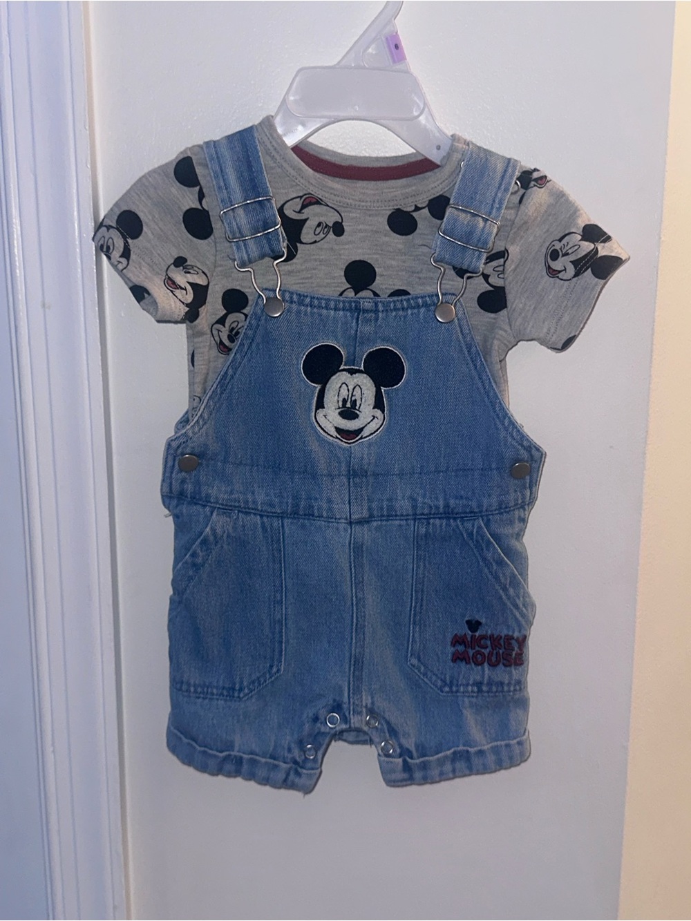 Mickey Mouse Blue Denim Baby Overalls with Grey Tee